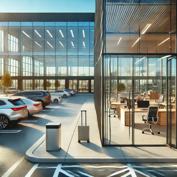 DALL·E 2024-11-26 11.07.30 - A view from the outdoor parking lot into a modern office building through large glass windows. The scene shows well-organized parking spaces in the fo