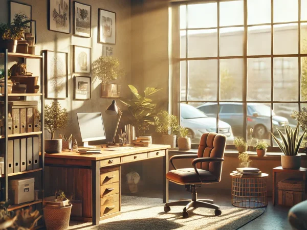 DALL·E 2024-11-27 09.40.12 - A cozy, small office with a warm, family-like atmosphere. The interior includes a wooden desk, comfortable chairs, a few potted plants, and a soft are