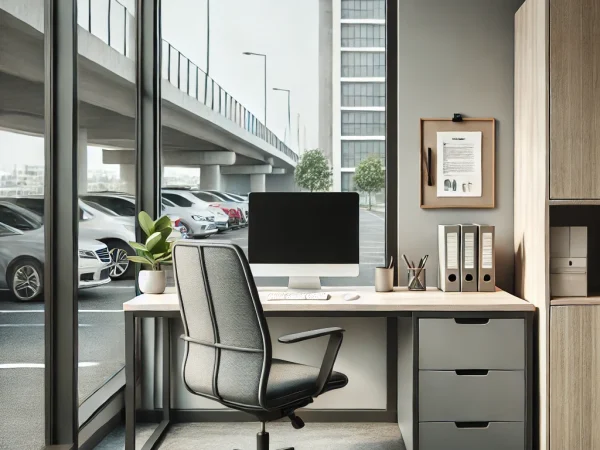 DALL·E 2024-11-27 09.42.08 - A small office inside a modern office complex, functionally furnished with a desk, an ergonomic chair, a computer setup, and minimalistic storage cabi
