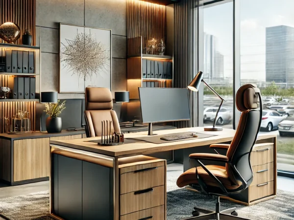 DALL·E 2024-11-27 09.42.46 - A moderately sized office in a modern office complex, elegantly furnished with a large wooden desk, a high-end ergonomic chair, a dual-monitor compute